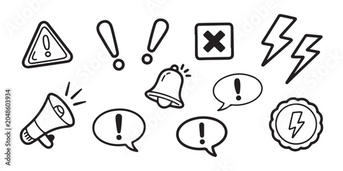 Set of warning and danger icons with megaphone bell and lightning bolt symbols in flat hand drawn line style.