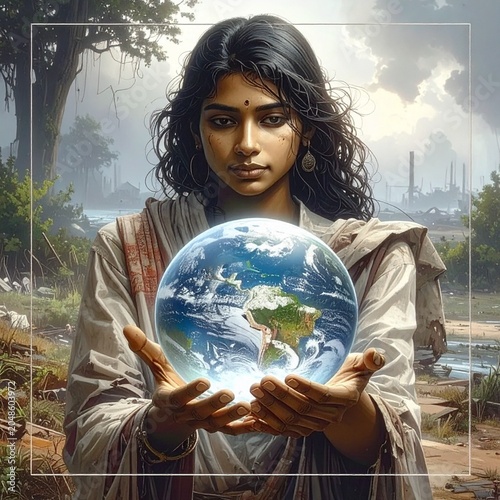 Hand holding Earth globe in devastated landscape symbolizing climate change and environmental responsibility