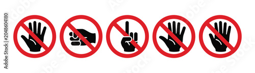 Fotografía Collection prohibition icons with hands showing stop gesture fist and finger pointing gesture
