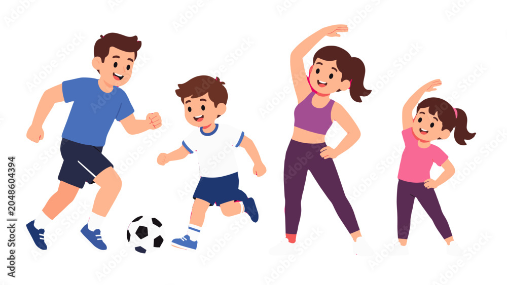 Naklejka premium Cartoon family exercising and playing soccer together
