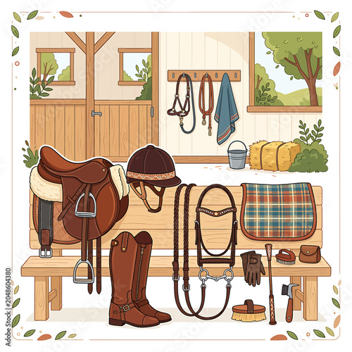 Fotografi Equestrian equipment on wooden bench indoors.