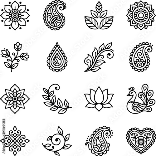 A collection of beautiful traditional indian henna style mandala art elements for creative graphic design projects