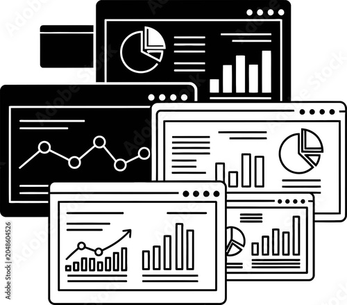 Clean vector illustration featuring multiple business analytics dashboard screens with diverse charts and data graphs