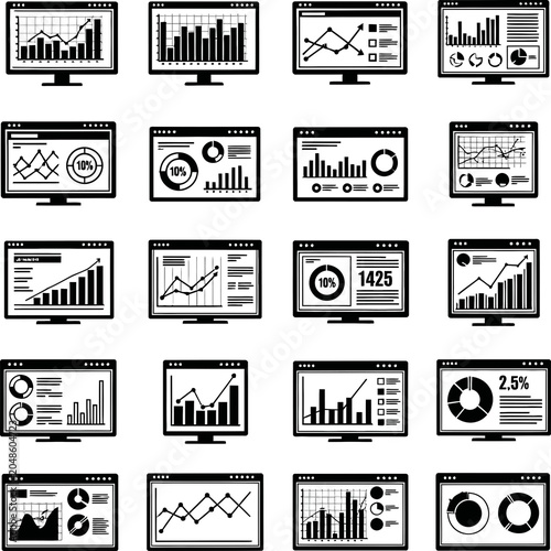 Collection of various business data dashboard icons with diverse charts and performance metrics displayed