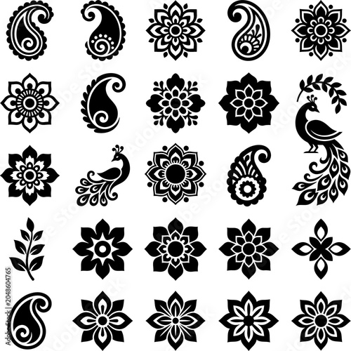 Collection of various floral and paisley icons for decorative design projects and artistic graphic patterns
