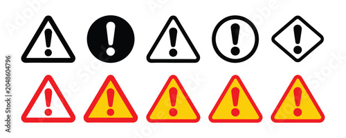 Hazard warning signs set with yellow and red triangles and black exclamation mark icons on grid background.