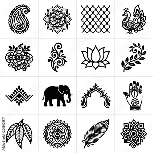 Creative collection of traditional Indian henna mehndi icons featuring elephants peacocks flowers and ornate geometric patterns