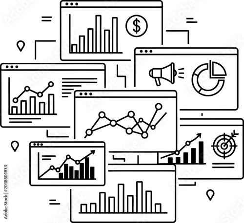 Detailed business analytics interface collection featuring various financial charts and strategic marketing performance metrics for professionals