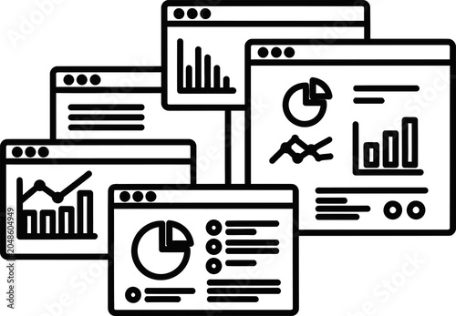 Detailed vector graphic showing multiple business dashboard windows with various statistical charts and growth graphs