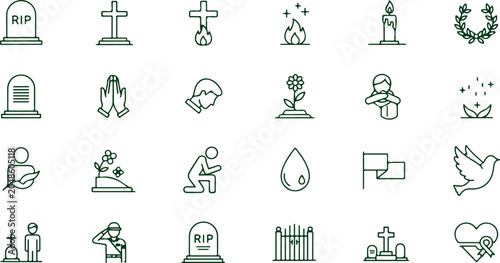 Foto Set of funeral and mourning symbols including gravestones crosses candles and praying hands for remembrance
