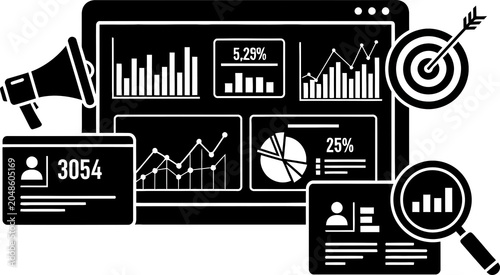 Modern marketing analytics dashboard interface with target arrow and megaphone icon for digital business strategy