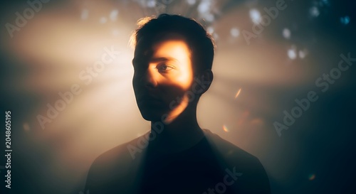 Young man with short hair illuminated by warm light on face and upper body against dark background with lens flares