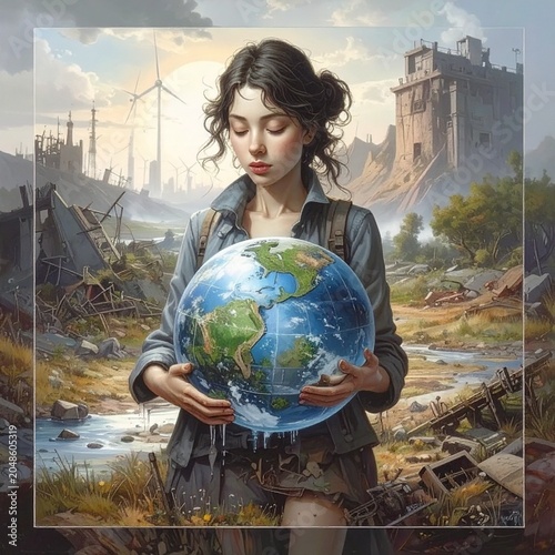 Hand holding Earth globe in devastated landscape symbolizing climate change and environmental responsibility