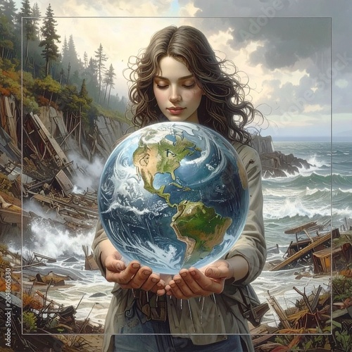 Hand holding Earth globe in devastated landscape symbolizing climate change and environmental responsibility