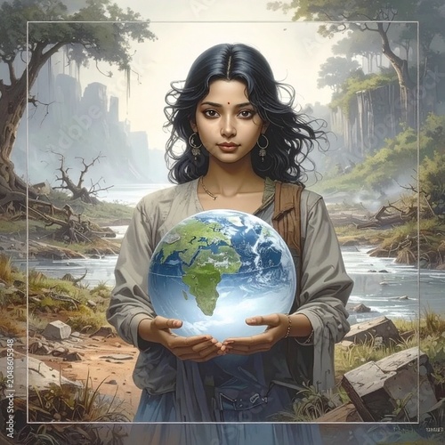 Hand holding Earth globe in devastated landscape symbolizing climate change and environmental responsibility