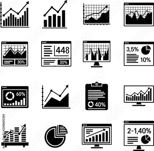 Professional financial data analytics and performance tracking dashboard icons for business reporting needs