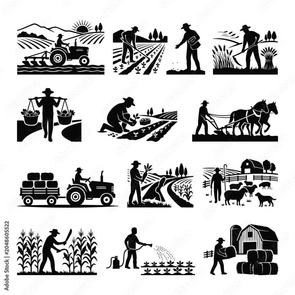 Fototapeta premium Farm life scenes farmer driving tractor harvesting crops milking sheep and tending garden