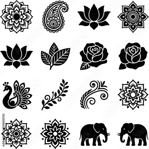 Set of elegant black silhouette icons featuring indian traditional floral mandala motifs and animal decorative elements
