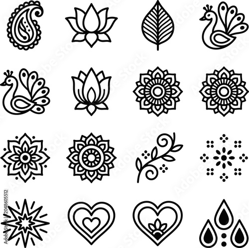 Set of elegant traditional Indian henna mehndi symbols and decorative floral elements for creative design projects