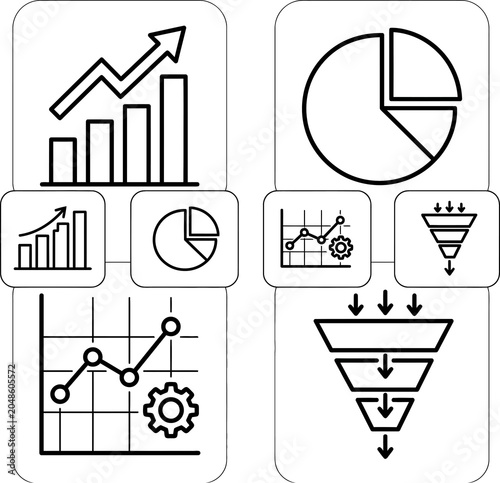 Set of professional business data analysis icons featuring charts graphs and funnel diagrams for corporate strategy
