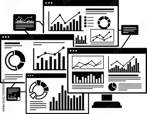 Set of professional data analytics and business dashboard icons featuring various charts and graphs