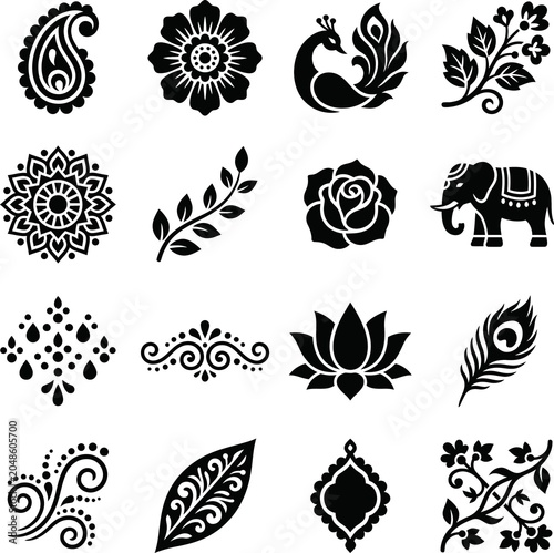 Set of traditional indian henna patterns and floral motifs for cultural artistic design and decoration
