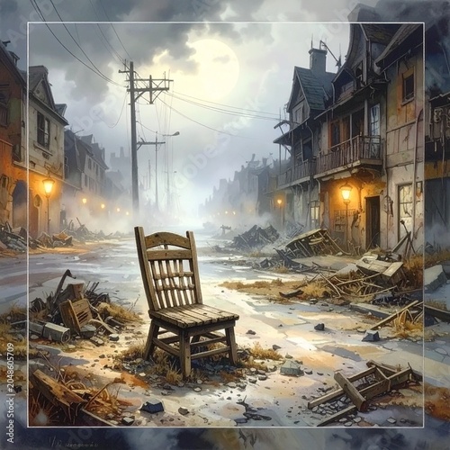Abandoned rocking chair in post-apocalyptic city street surrounded by ruins and destruction