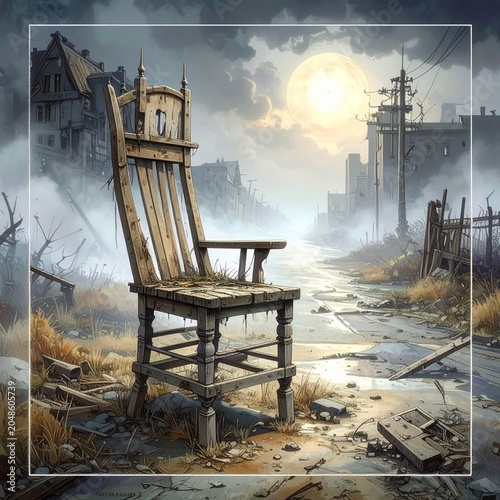 Abandoned rocking chair in post-apocalyptic city street surrounded by ruins and destruction