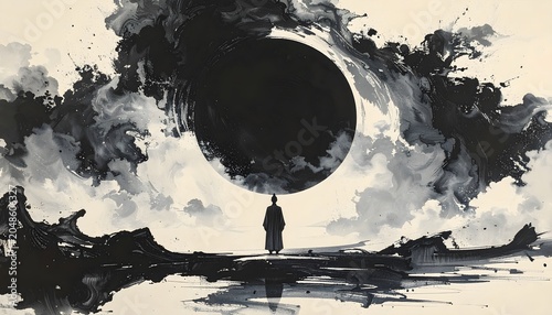Silhouetted figure standing in deep meditation before a massive swirling black sun painted with expressive ink wash techniques in a striking monochromatic style that captures a surreal and spiritual