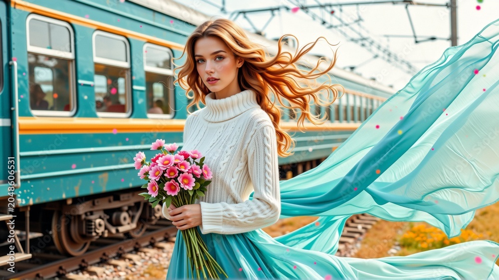 Fototapeta premium young woman standing front train she wearing white sweater long blue skirt she has long blonde hair flowing wind woman holding bouquet pink white flowers her hand train blue yellow parked tracks sky