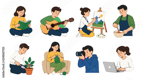 Bild auf Leinwand People enjoying different hobbies in simple flat vector style