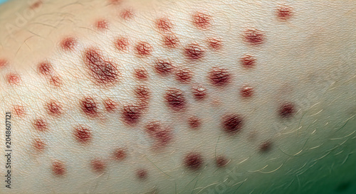 Close up of rash on human skin showing small red spots indicative of measles disease.