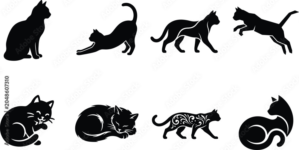 Obraz premium Cat silhouettes and vector icons set featuring black feline illustrations in various sitting stretching jumping and sleeping poses