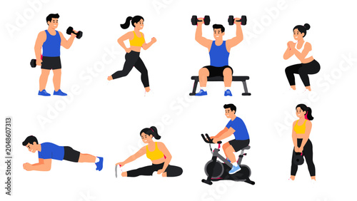 Cuadro en lienzo Cartoon people doing gym exercises and fitness training set