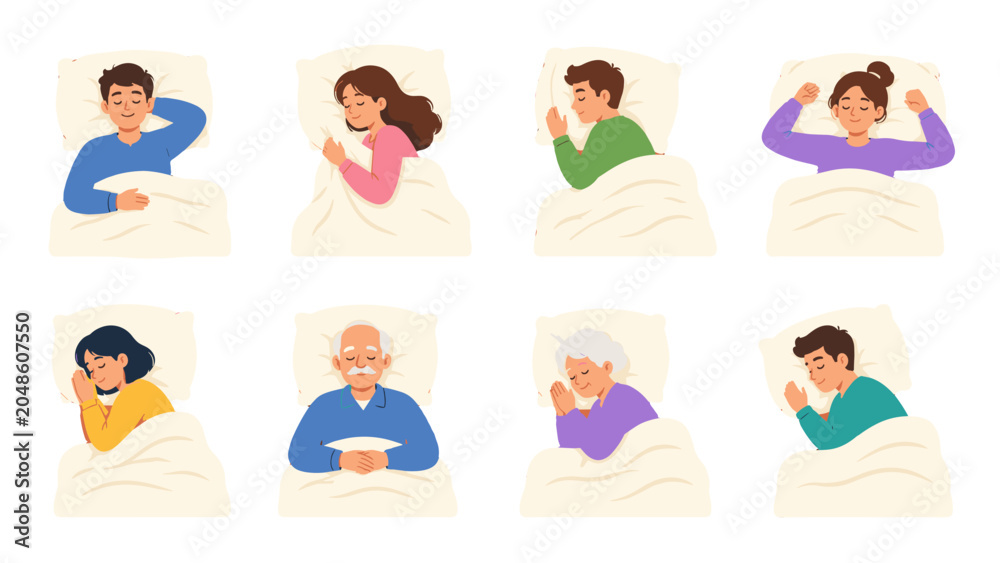 Obraz premium Set of sleeping people in bed shown from above in vector style
