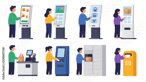 Fotografie People using self service kiosks and automated retail machines