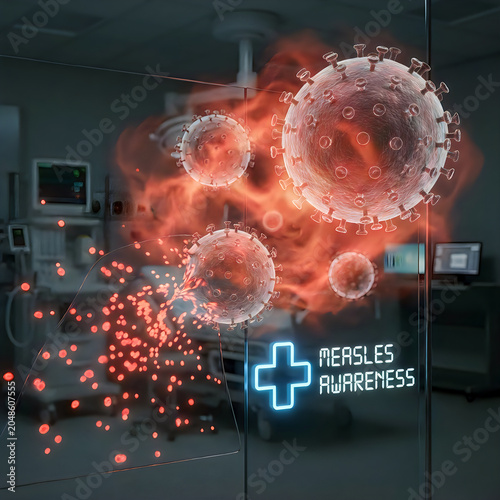Digital concept art of measles virus cells floating in medical facility.