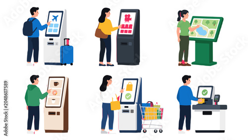 Fotografie People using self service kiosks and digital terminals set