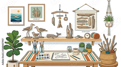 Art supplies on wooden desk table.
