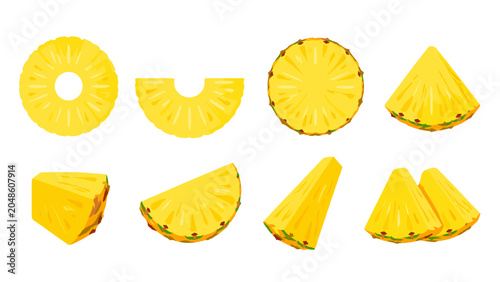 Foto Set of pineapple slices and wedges isolated on white
