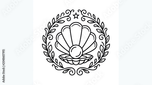 Fényképezés Elegant Seashell with Pearl Emblem, Vintage Laurel Wreath, Nautical Symbol