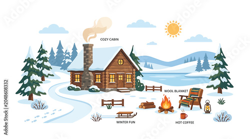 Schilderij op canvas Cozy winter cabin in snowy landscape.