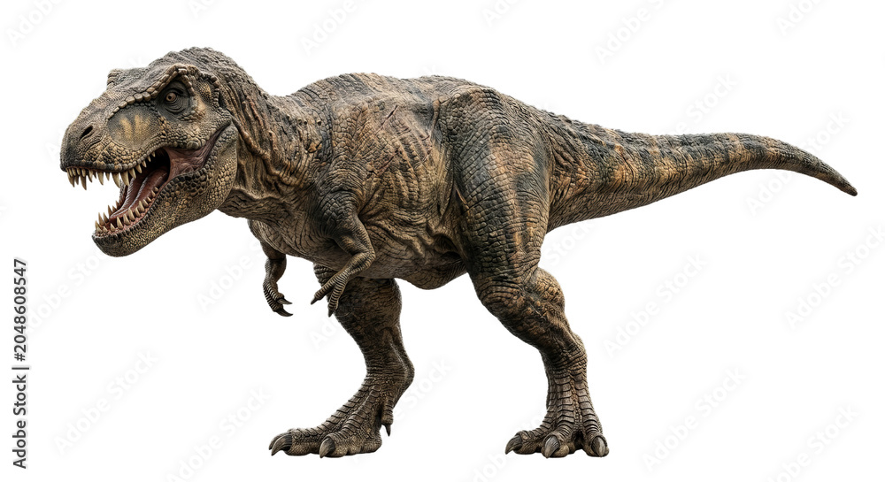 Fototapeta premium Majestic Tyrannosaurus Rex dinosaur with sharp teeth and scaly skin, isolated on white