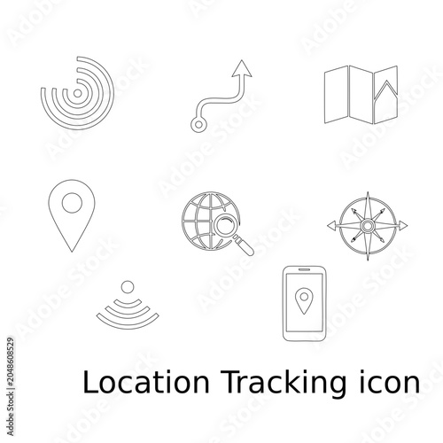 Travel navigation icon set, minimalist thin line map and location symbols, 8 vector outline elements for tourism and journey planning