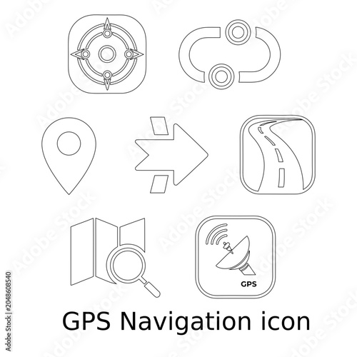 GPS navigation icon set, minimalist outline map and location symbols, 7 linear vector elements for travel and tracking apps