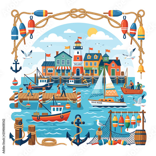 Colorful harbor scene with boats and buildings.