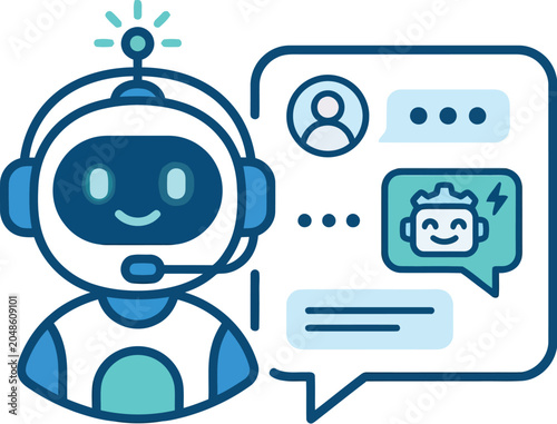 A smiling robot wearing a headset and chatting with a customer service representative
