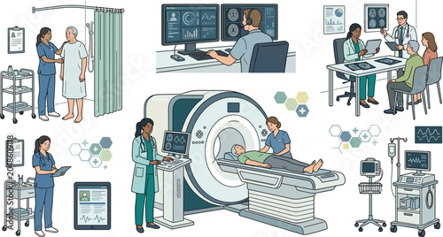 Medical MRI Brain Scan Vector Concept Set with Healthcare Professionals, Patient Care, Scanner Machines, and Hospital Consultation Diagnostics Infographics