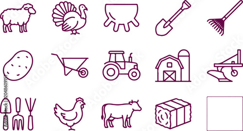 Bild auf Leinwand Farm animals and equipment set on transparent background vector line art icons for agriculture and farming concept