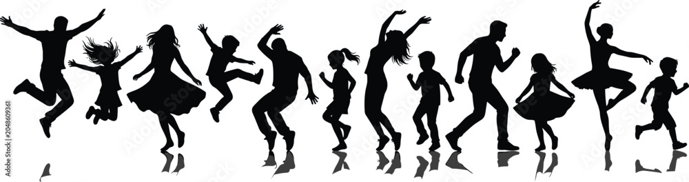 Obraz premium Black, silhouette, collection, of, happy, people, children, jumping, dancing, ballerina, running, friends, vector, reflection, isolated, white, background, set, line, illustration.